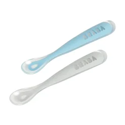 Lot 2 cuillères 1er âge silicone avec boite de transport Bleu/Gris